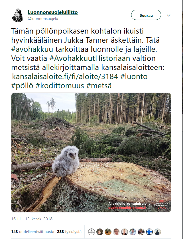 Kuvakaappaus Luonnonsuojeluliiton Twitter-viestistä 12.6.2018, jonka kuva osoittautui lavastukseksi.