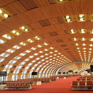 Suomen metsäalalta löytyy myös osaamista rakentaa korkean tason puurakennuksia. Toistaiseksi ne on vain rakennettu muualle kuin Suomeen. Kuvassa on Charles de Gaulle -lentokentän terminaali Ranskassa.