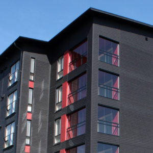 The PEFC Project Certificated tower block at the Seinäjoki Housing Fair is all made of wood. The block contains nearly thirty one- and three-room flats. Photo: Tuomo Nyrhilä