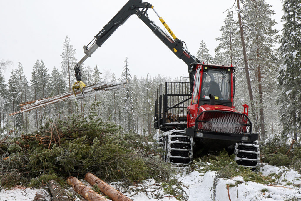 Kun metsäkoneet alkavat aamulla korjata puuta, käynnistyy paikallisen sahan synnyttämä tuotantoketju. Kuva: Anna Kauppi