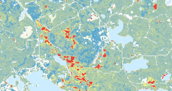 Tuulituhoennuste rasterikuvana. Kuva: Luonnonvarakeskus