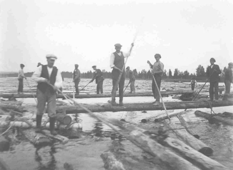 Log drivers guiding logs with pike poles. Photo: Enso Collection, Lusto - Finnish Forest Museum 