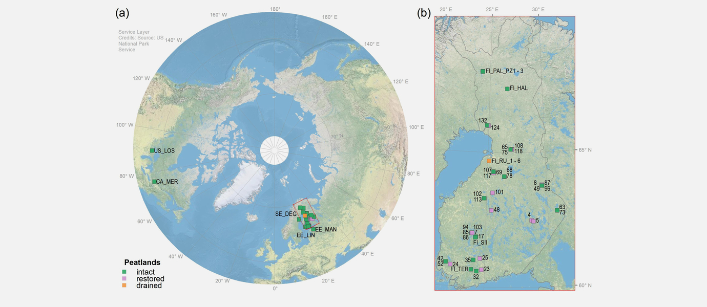 Locations of the 53 peatland study areas shown (a) for the northern hemisphere and (b) enlarged only for Finland. Image: Aalto University