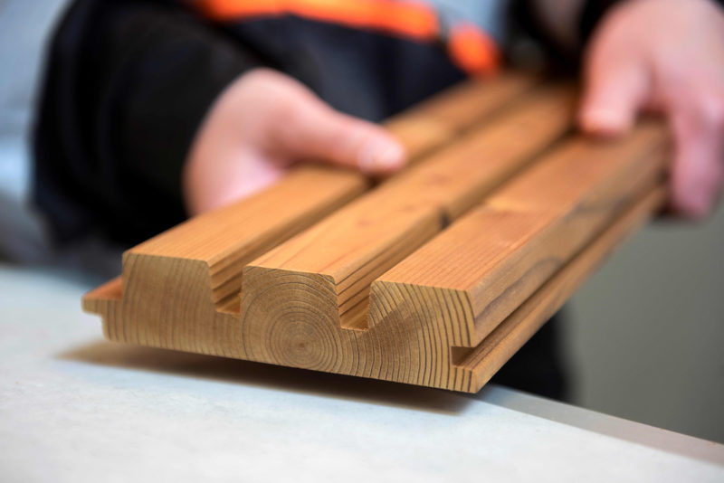 Pictured here is thermowood with no surface finishing, showing that not just the surface, but also the inside of the timber changes colour in the process. Image: Lunawood