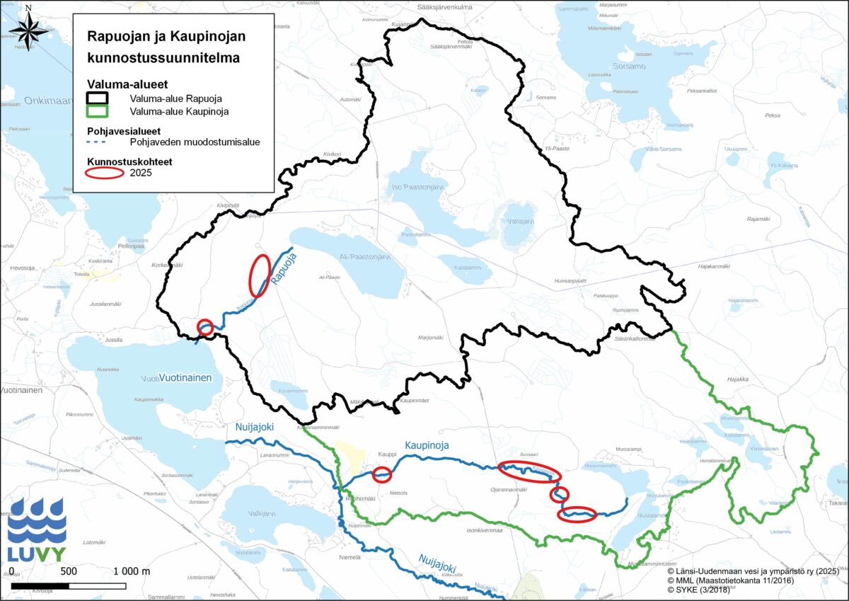 Rapuojan ja Kaupinojan kunnostussuunnitelman kartta. Kuva: LUVY